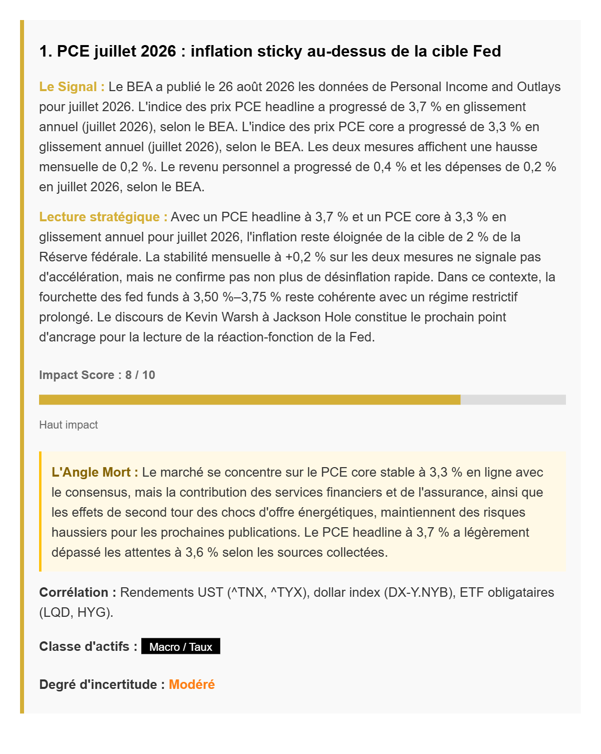 Un fait du briefing stratégique : signal, lecture stratégique, score d’impact, angle mort, corrélation, degré d’incertitude