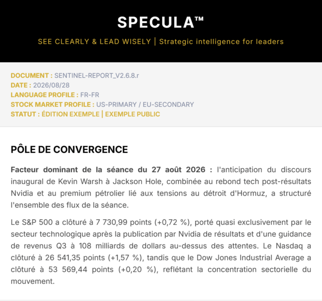 En-tête de La Note Sentinelle du 28 août 2026 : identifiant de l’édition, date et début du pôle de convergence